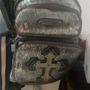 Miss Me Sequin Camouflage Backpack with Cross Detail